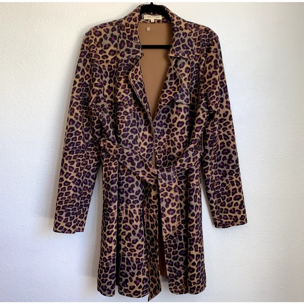 NEW Solitaire Leopard Open‎ Front Drapey Oversized Tie Coat in Tan/Purple